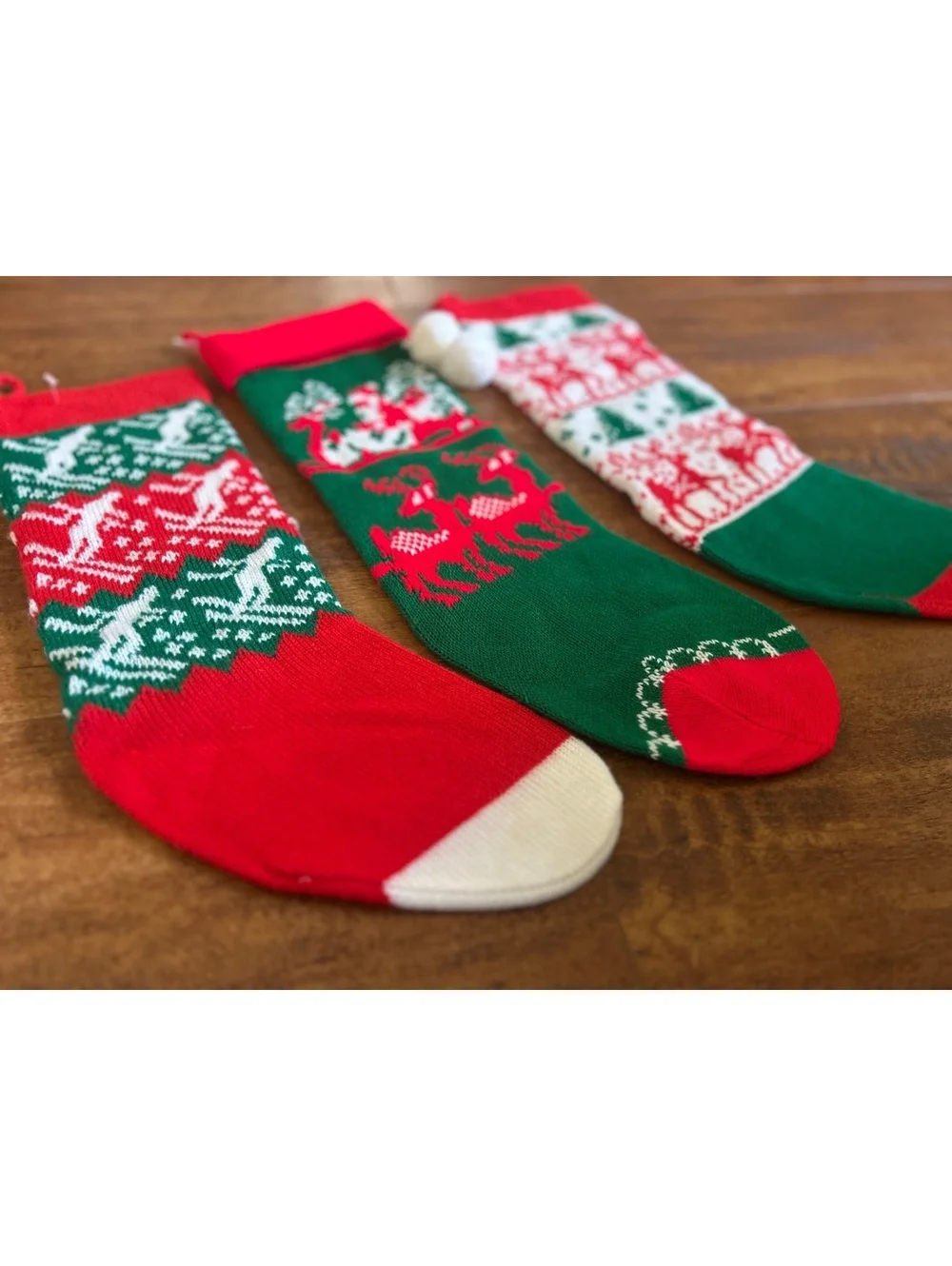 Set of 3 Christmas Holiday Decorative Stockings with Reindeer and Santa Designs